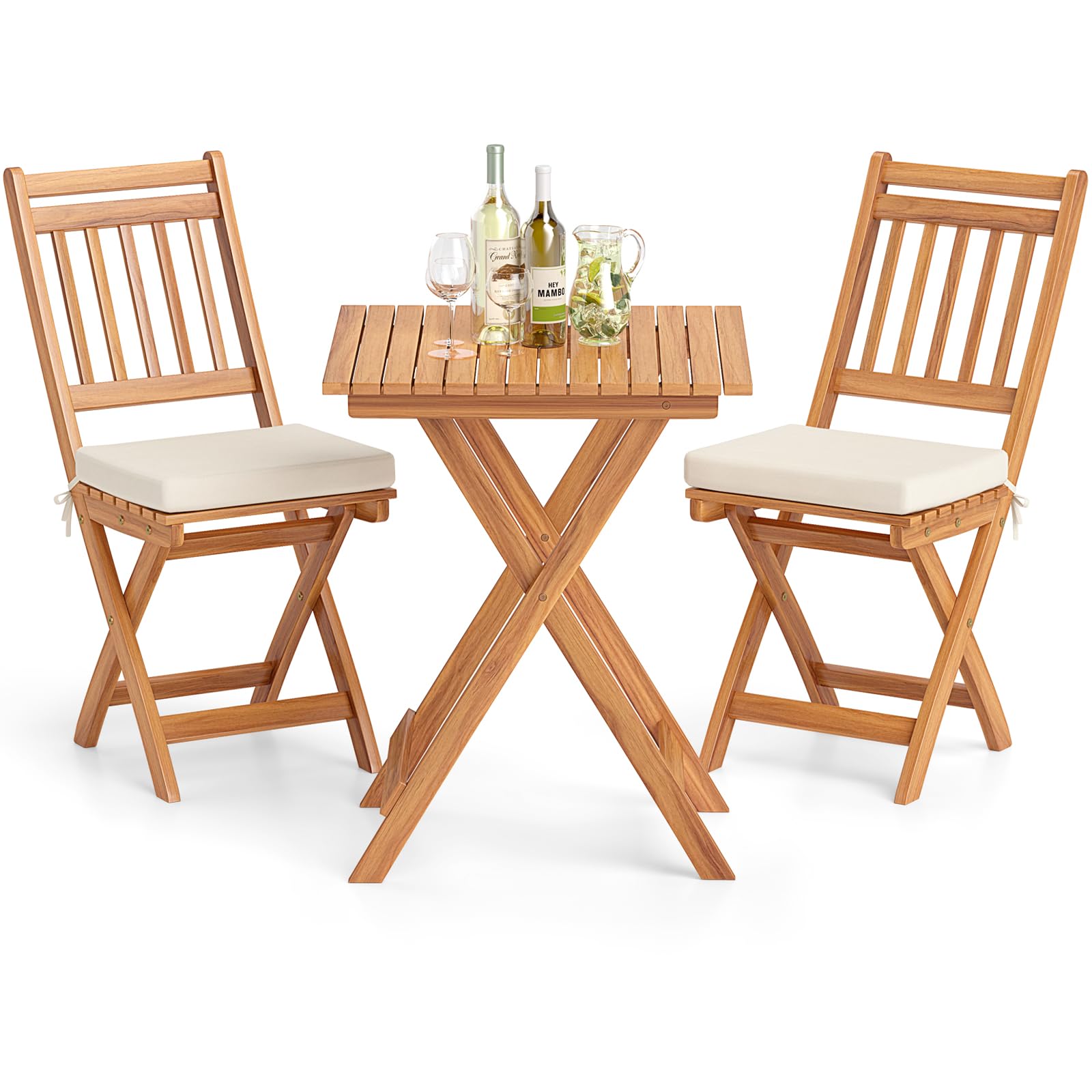 Tangkula Acacia Wood Patio Bistro Set of 3 for Backyard